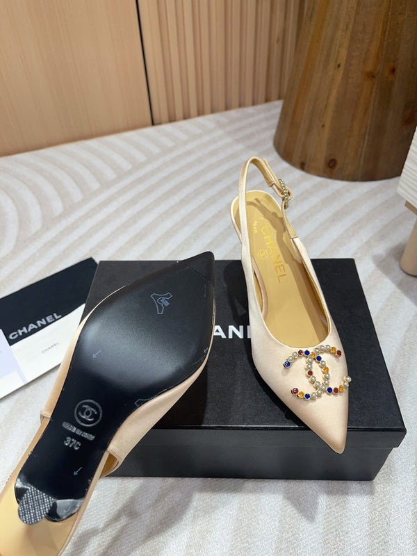 CC SLINGBACKS ALTI IN RASO CREMA BEIGE E PELLE DI AGNELLO