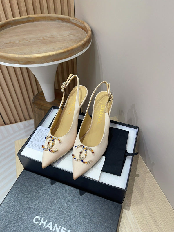 CC SLINGBACKS ALTI IN RASO CREMA BEIGE E PELLE DI AGNELLO