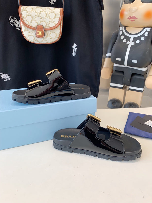 SANDALI PRA STRAP SLIDES IN PELLE DI VITELLO NERO LUCIDO