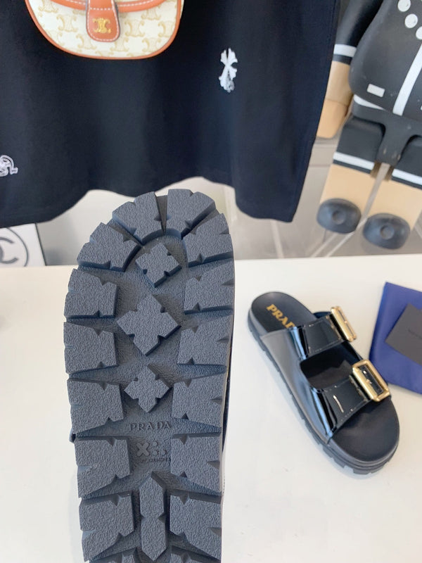 SANDALI PRA STRAP SLIDES IN PELLE DI VITELLO NERO LUCIDO