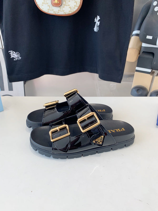 SANDALI PRA STRAP SLIDES IN PELLE DI VITELLO NERO LUCIDO