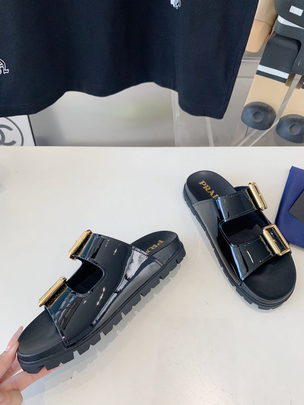 SANDALI PRA STRAP SLIDES IN PELLE DI VITELLO NERO LUCIDO