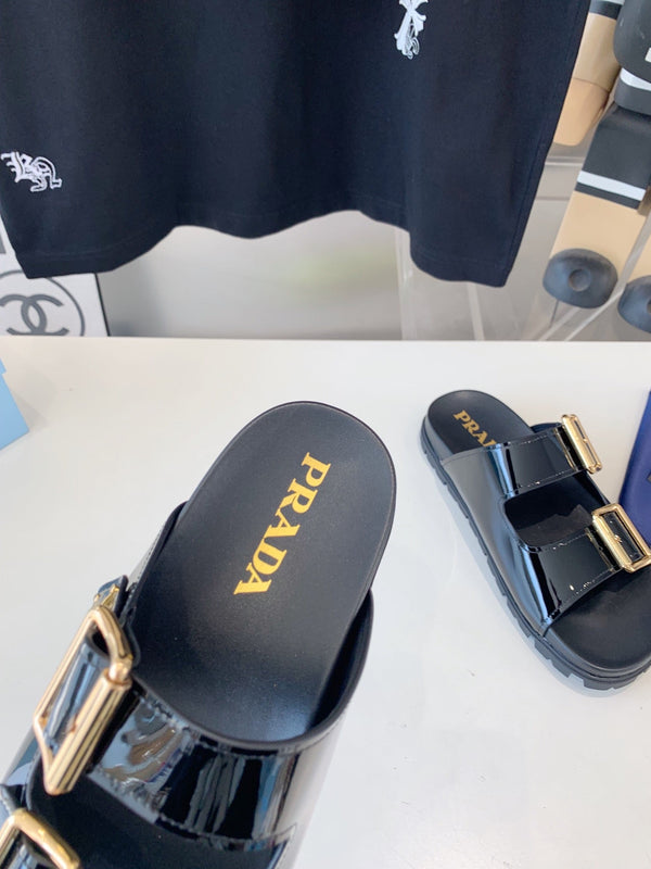 SANDALI PRA STRAP SLIDES IN PELLE DI VITELLO NERO LUCIDO