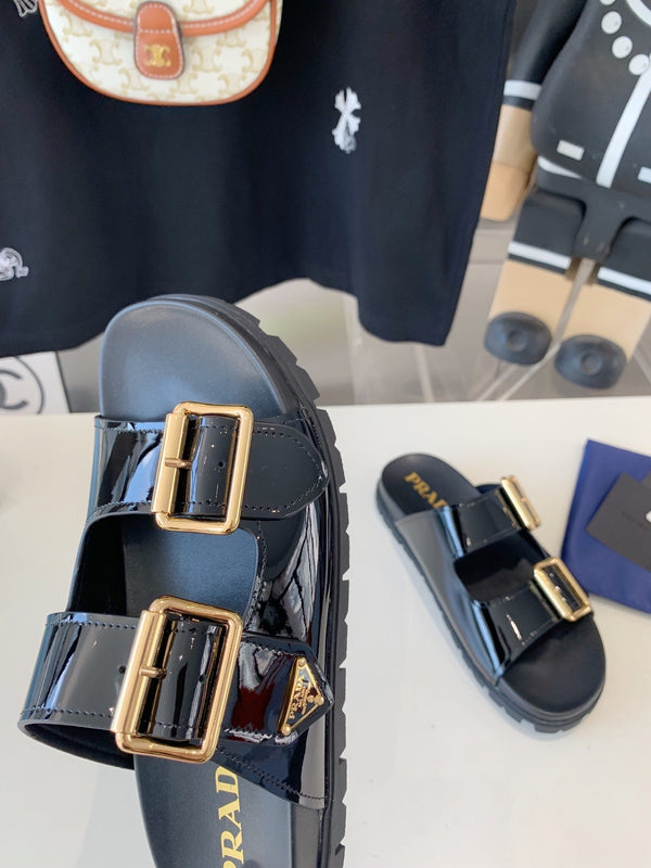 SANDALI PRA STRAP SLIDES IN PELLE DI VITELLO NERO LUCIDO