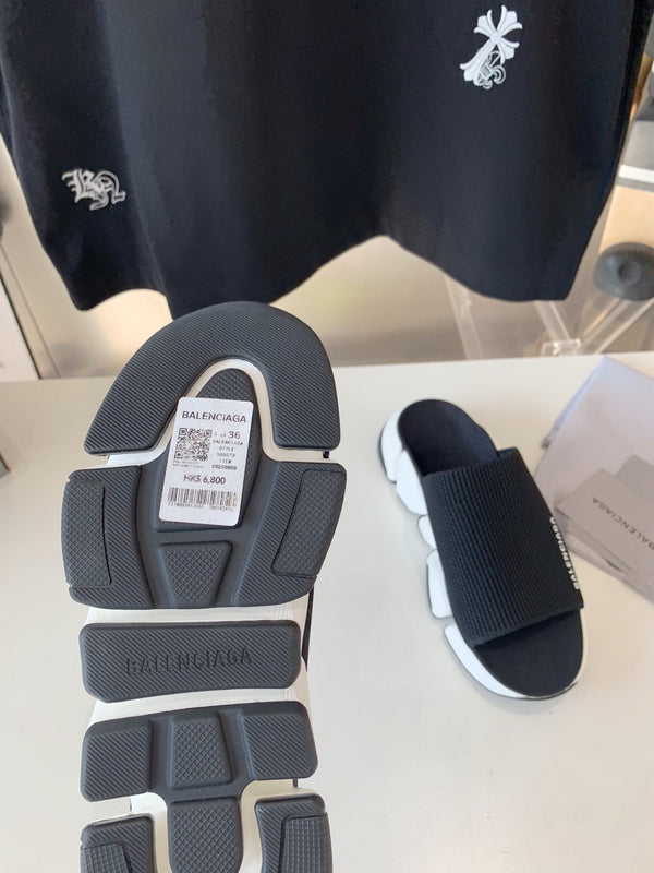 SPEED 2.0 SLIDE SANDAL IN BLACK RECYCLED KNIT AND WHITE SOLE