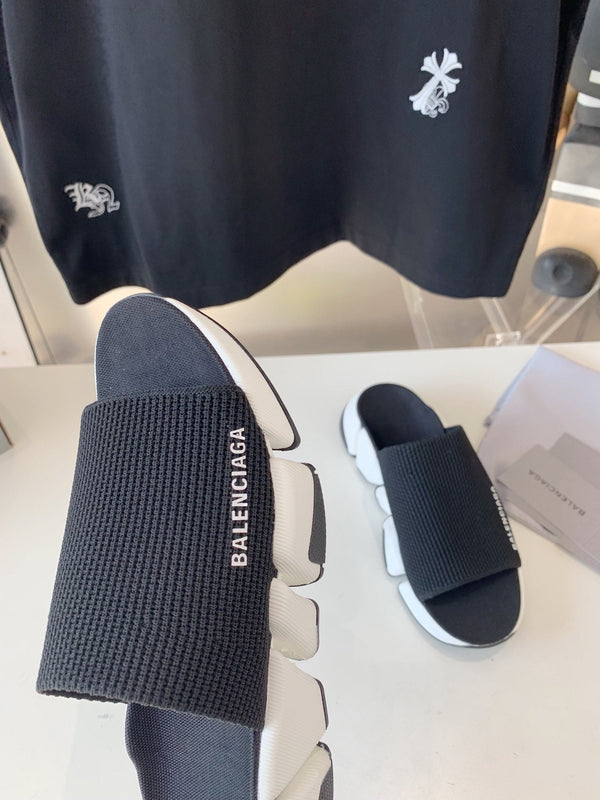 SPEED 2.0 SLIDE SANDAL IN BLACK RECYCLED KNIT AND WHITE SOLE