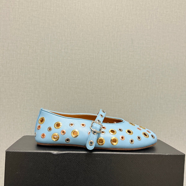 SCARPE MARY JANE ALAIA IN PELLE DI AGNELLO AZZURRA CHIARA CON FERRAMENTA IN ARGENTO E ORO