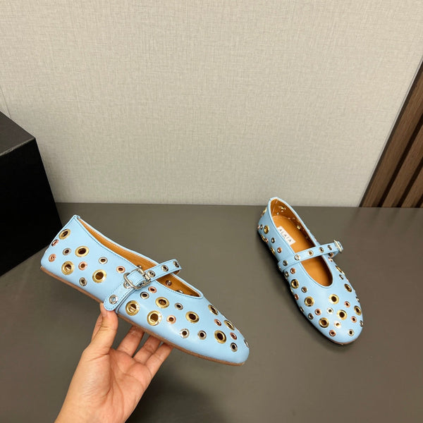 SCARPE MARY JANE ALAIA IN PELLE DI AGNELLO AZZURRA CHIARA CON FERRAMENTA IN ARGENTO E ORO