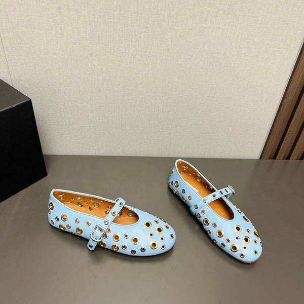 SCARPE MARY JANE ALAIA IN PELLE DI AGNELLO AZZURRA CHIARA CON FERRAMENTA IN ARGENTO E ORO