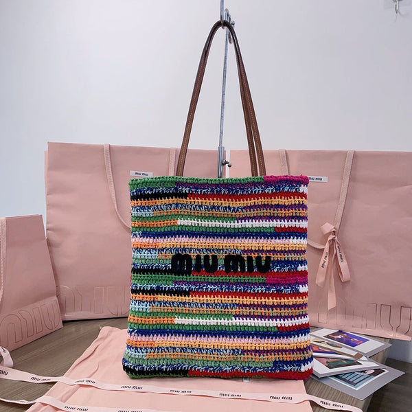 BORSA TOTE ALL'UNCINETTO 38 IN RAFIA INTRECCIATA MULTICOLORE