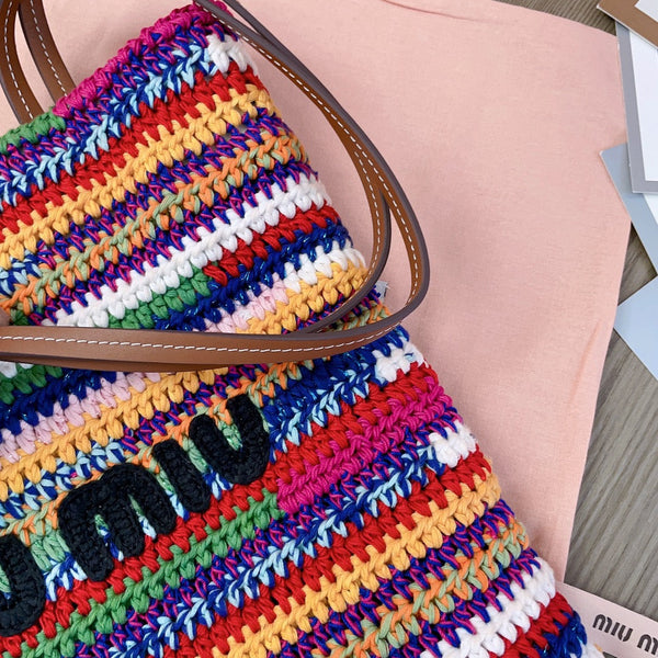 CROCHET TOTE BAG 38 IN MULTICOLORED WOVEN RAFFIA