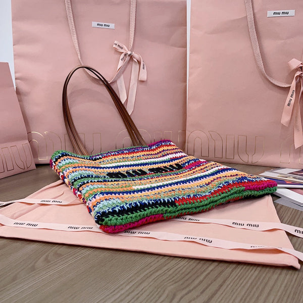CROCHET TOTE BAG 38 IN MULTICOLORED WOVEN RAFFIA