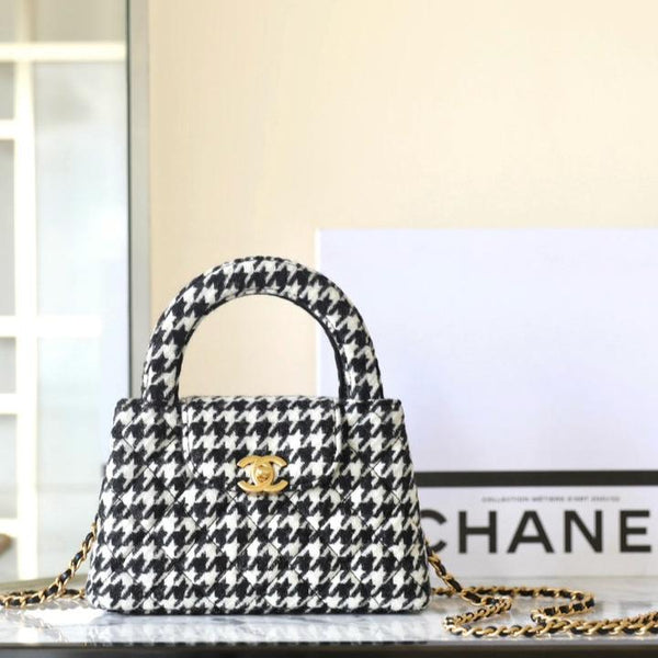 cc 24a nano 19cm kelly shopper bag black white tweed