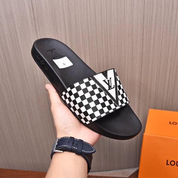 PANTOFOLE LV IN PELLE DI VITELLO DAMIER NERO E BIANCO CON LOGO BIANCO