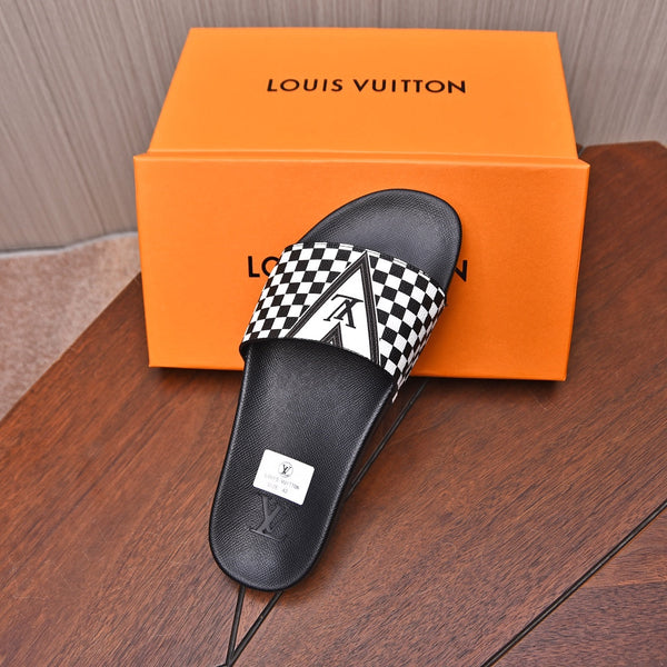 PANTOFOLE LV IN PELLE DI VITELLO DAMIER NERO E BIANCO CON LOGO BIANCO