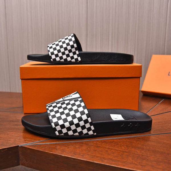 PANTOFOLE LV IN PELLE DI VITELLO DAMIER NERO E BIANCO CON LOGO BIANCO