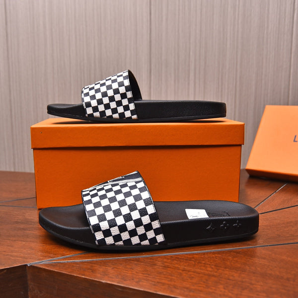 LV SLIPPERS IN BLACK MIX WHITE DAMIER CALFSKIN
