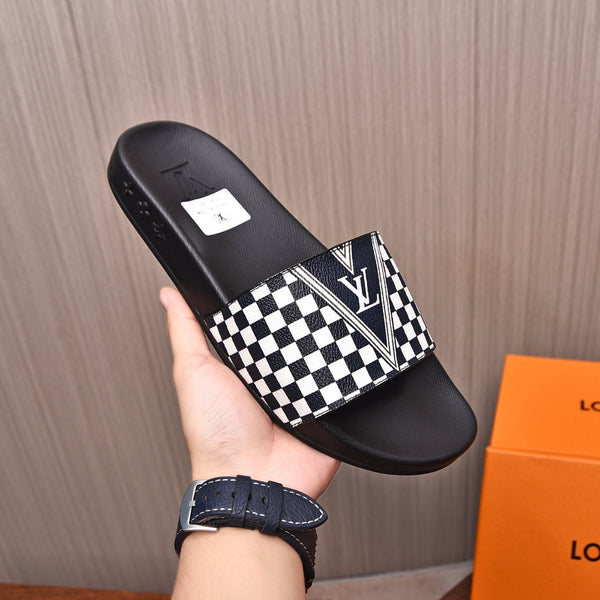 LV SLIPPERS IN BLACK MIX WHITE DAMIER CALFSKIN