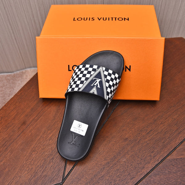 LV SLIPPERS IN BLACK MIX WHITE DAMIER CALFSKIN