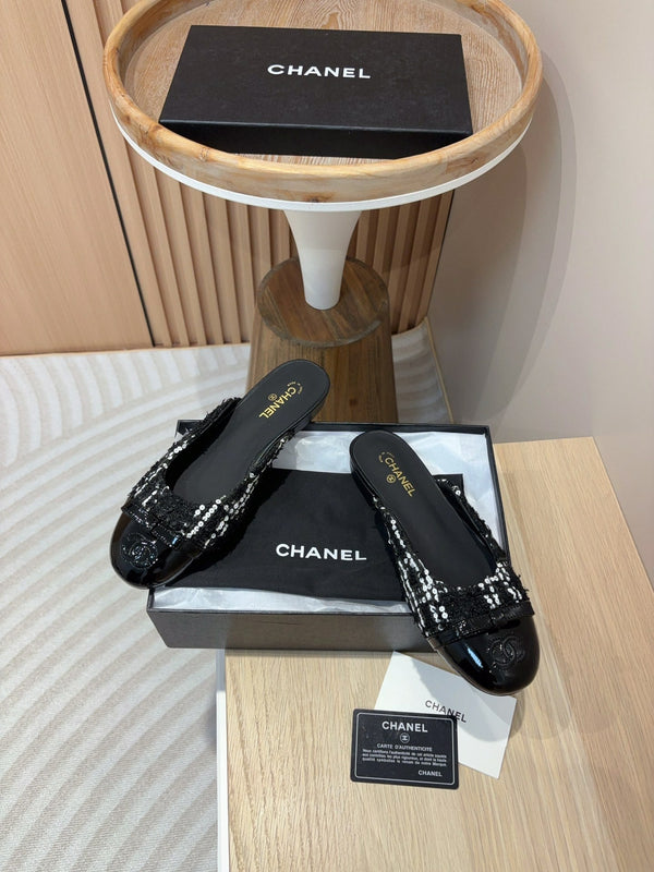 cc mule tweed nero paillettes bianche pelle di vitello verniciata nera