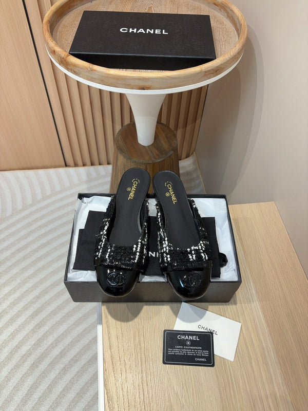 cc mule tweed nero paillettes bianche pelle di vitello verniciata nera