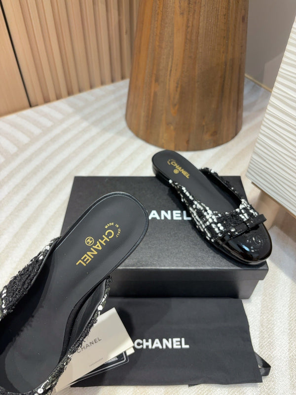 cc mule tweed nero paillettes bianche pelle di vitello verniciata nera