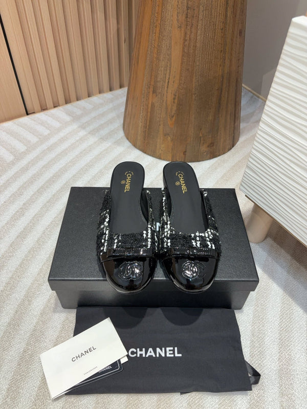 cc mule tweed nero paillettes bianche pelle di vitello verniciata nera