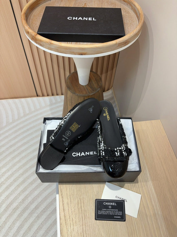 cc mule tweed nero paillettes bianche pelle di vitello verniciata nera