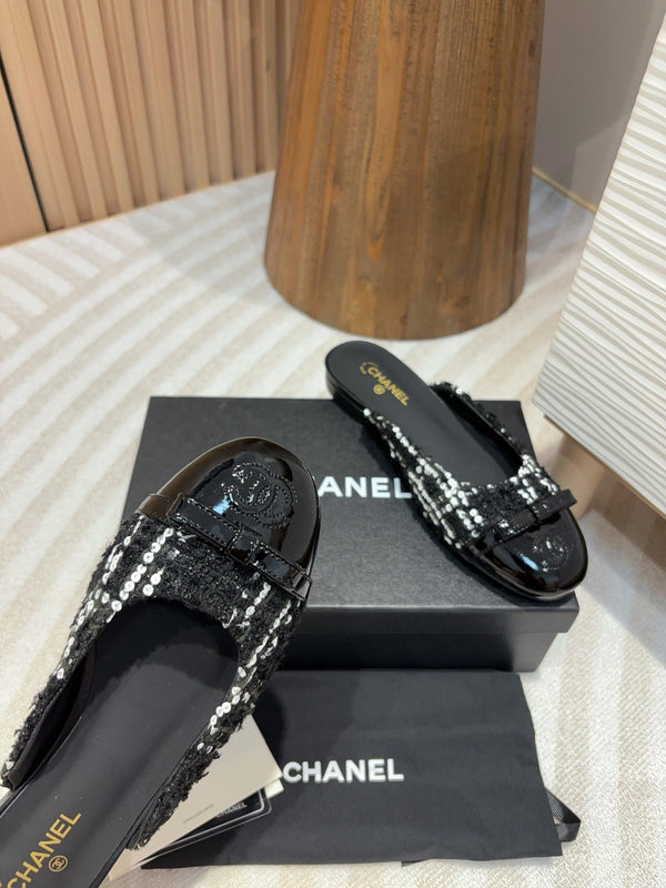 cc mule tweed nero paillettes bianche pelle di vitello verniciata nera