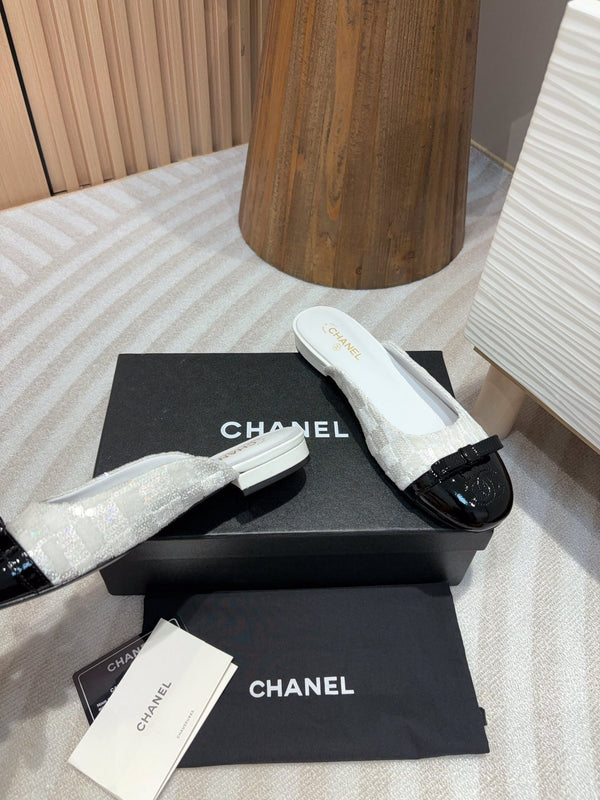 cc mule tweed bianco paillettes pelle di vitello verniciata nera