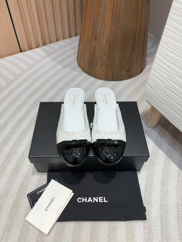 cc mule tweed bianco paillettes pelle di vitello verniciata nera