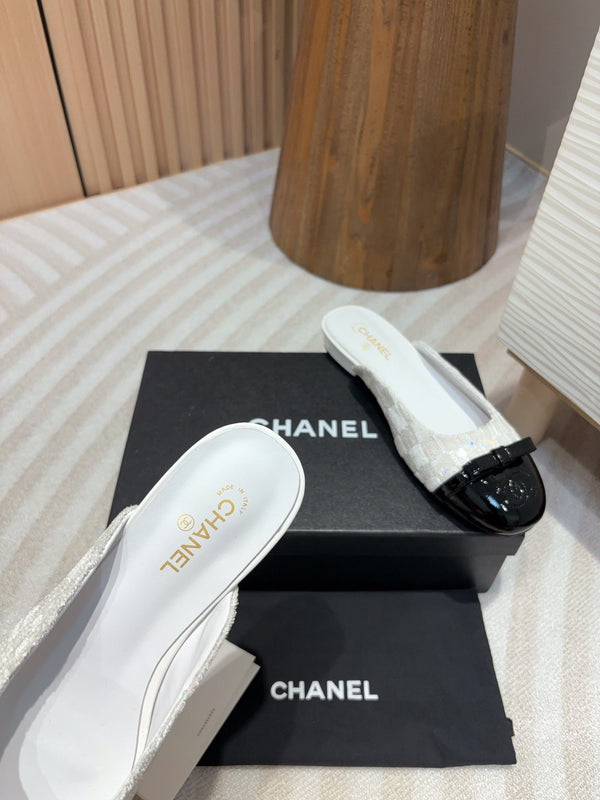 cc mule tweed bianco paillettes pelle di vitello verniciata nera