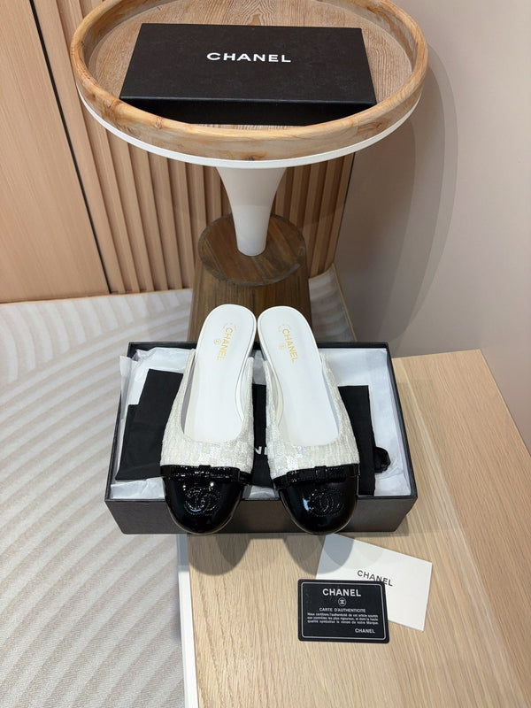 cc mule tweed bianco paillettes pelle di vitello verniciata nera