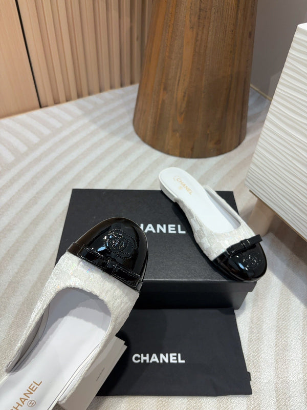 cc mule tweed bianco paillettes pelle di vitello verniciata nera