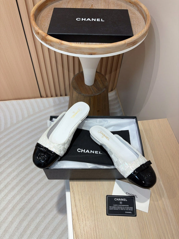 cc mule tweed bianco paillettes pelle di vitello verniciata nera