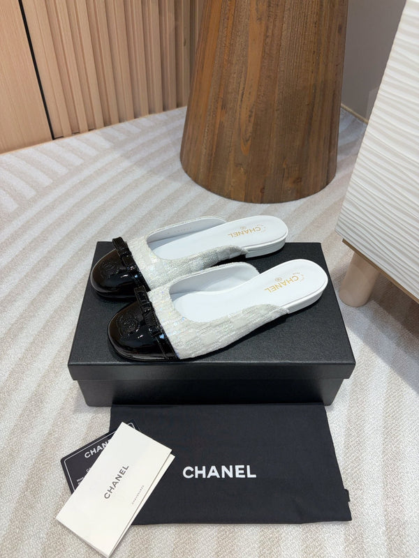 cc mule tweed bianco paillettes pelle di vitello verniciata nera