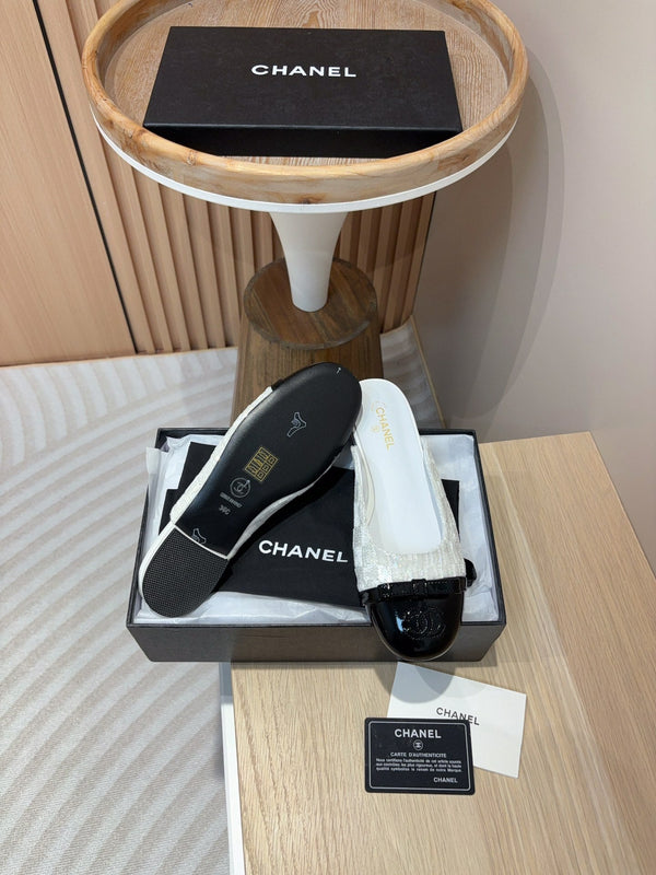 cc mule tweed bianco paillettes pelle di vitello verniciata nera