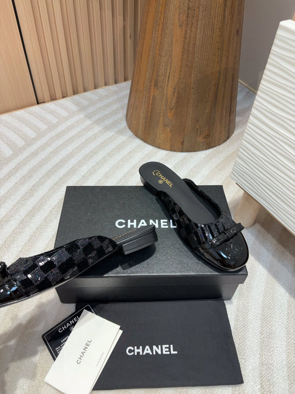 cc mule black tweed sequin black patent calfskin