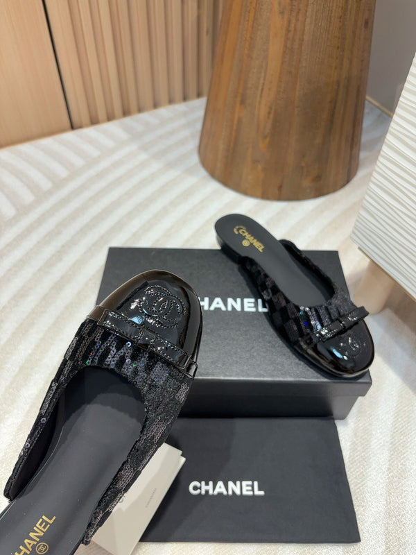 cc mule black tweed sequin black patent calfskin