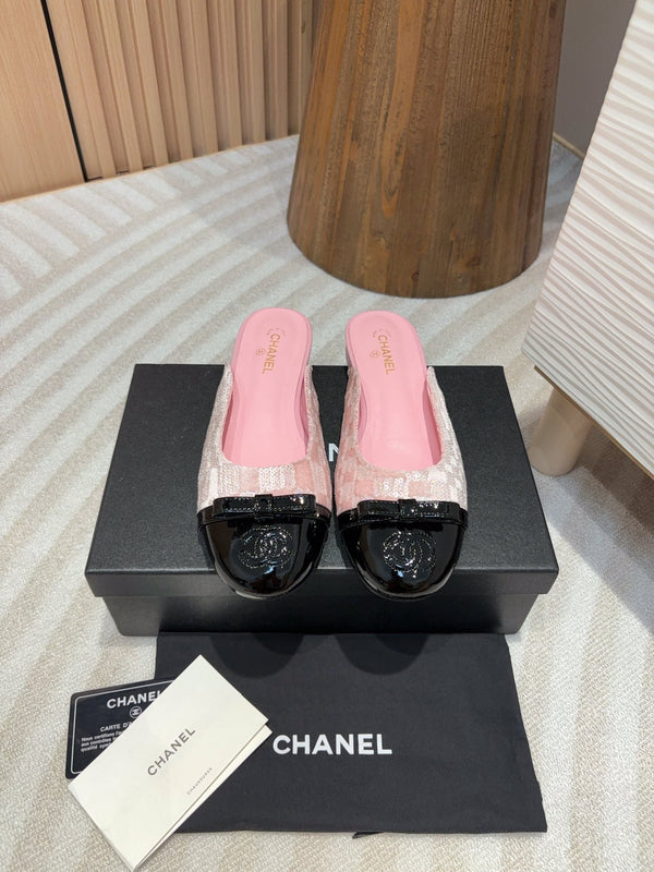 cc mule tweed rosa paillettes pelle di vitello verniciata nera