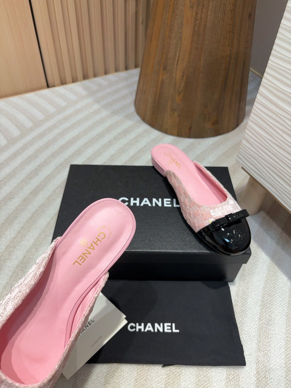 cc mule tweed rosa paillettes pelle di vitello verniciata nera