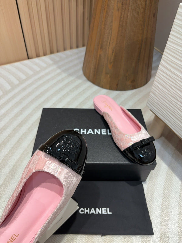 cc mule tweed rosa paillettes pelle di vitello verniciata nera