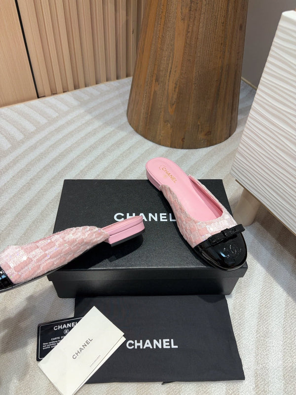 cc mule tweed rosa paillettes pelle di vitello verniciata nera