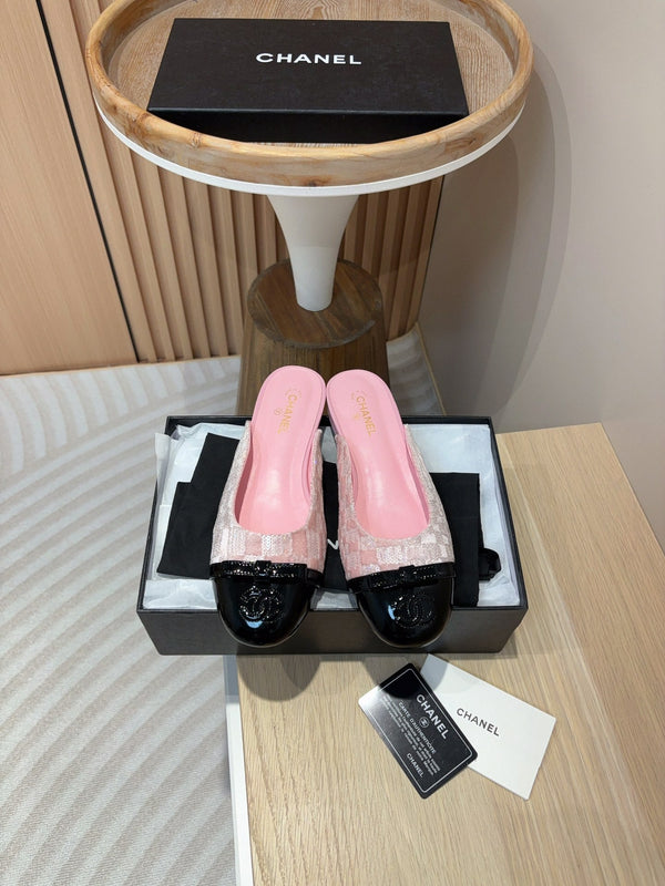 cc mule tweed rosa paillettes pelle di vitello verniciata nera