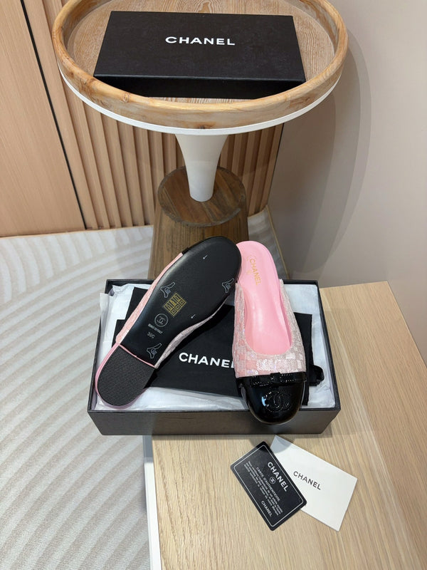 cc mule tweed rosa paillettes pelle di vitello verniciata nera