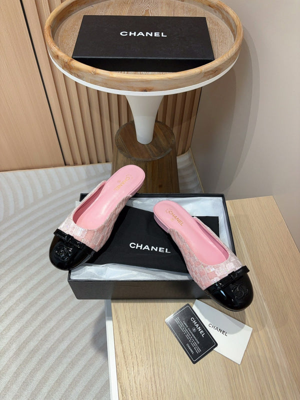 cc mule tweed rosa paillettes pelle di vitello verniciata nera