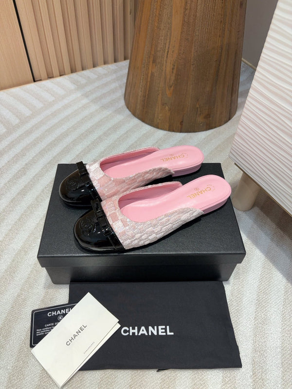 cc mule tweed rosa paillettes pelle di vitello verniciata nera