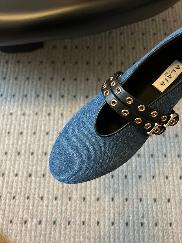 ALAIA MARY JANE SHOES IN CERULEAN BLUE ZP CUSTOM STRAW AND DENIM