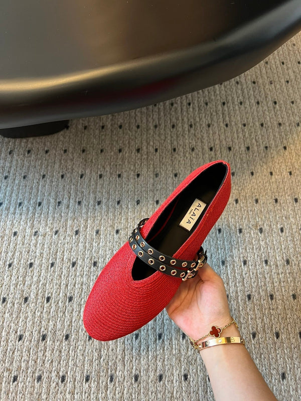 ALAIA MARY JANE SHOES IN CHERRY RED ZP CUSTOM STRAW AND DENIM