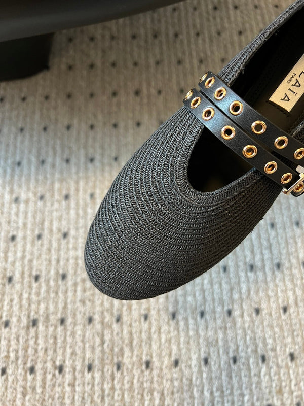 ALAIA MARY JANE SHOES IN BLACK ZP CUSTOM STRAW AND DENIM